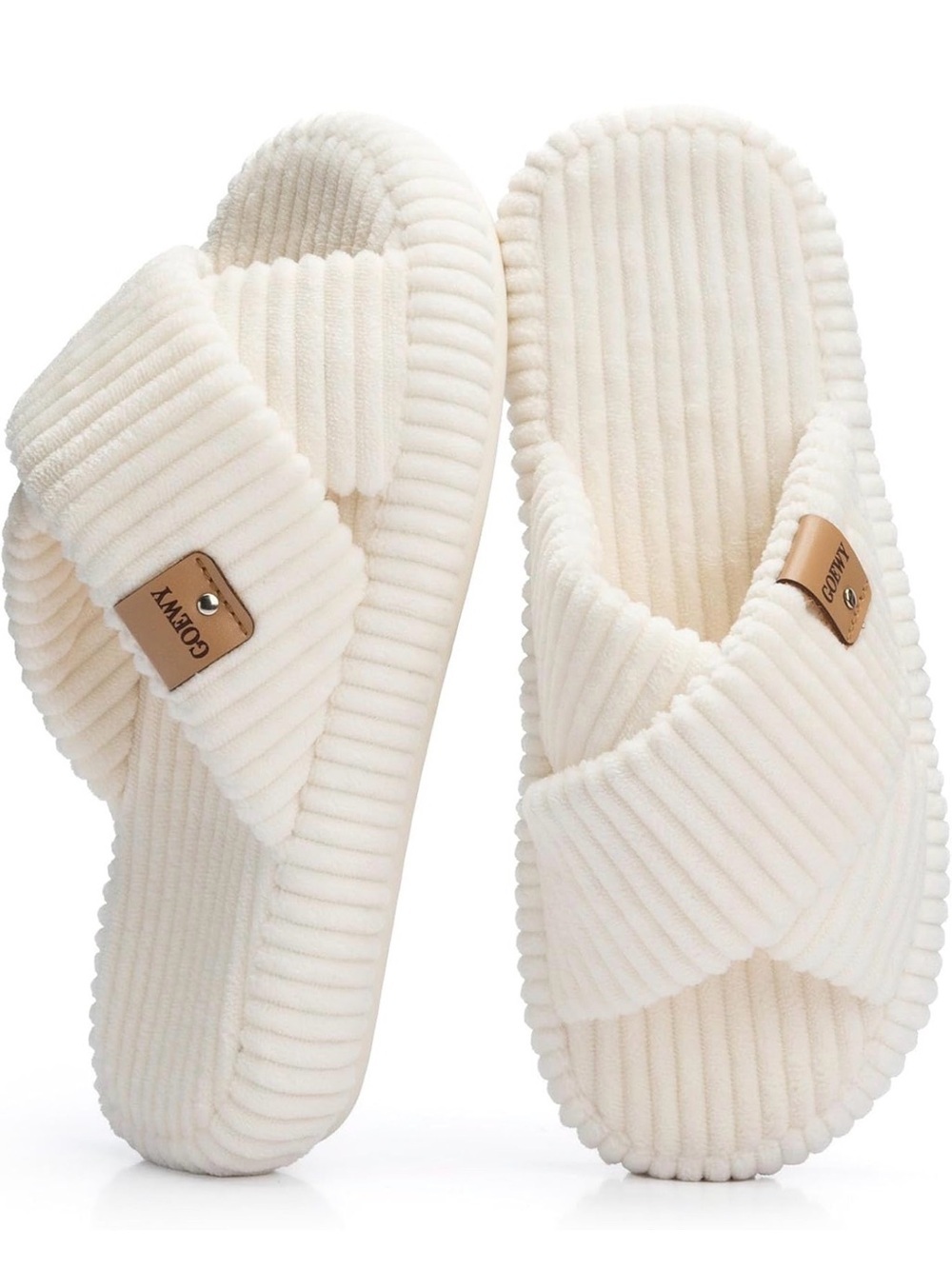 GOEWY White Ribbed Cross Band Slippers Memory Foam 36/37 5-6